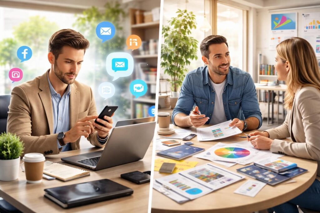 améliorez votre stratégie marketing en combinant communication en ligne et hors ligne pour maximiser votre impact et atteindre efficacement votre audience.
